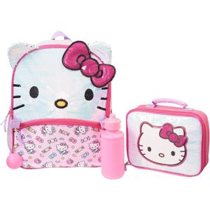 AI ACCESSORY INNOVATIONS Hello Kitty Girls 4 Piece Backpack Set, Iridescent Flip Sequin 16" School Bag with 3D Features, Front Zip Pocket, Pink & White