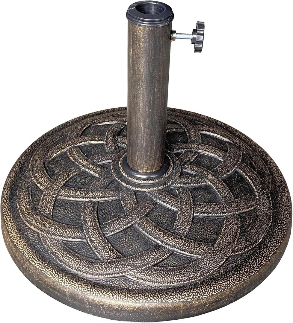 US Weight - 26lb Cast Stone Patio Umbrella Base - Durable and Weather-Resistant Adjustable Outdoor Base - Interlocking Circle Design, Bronze