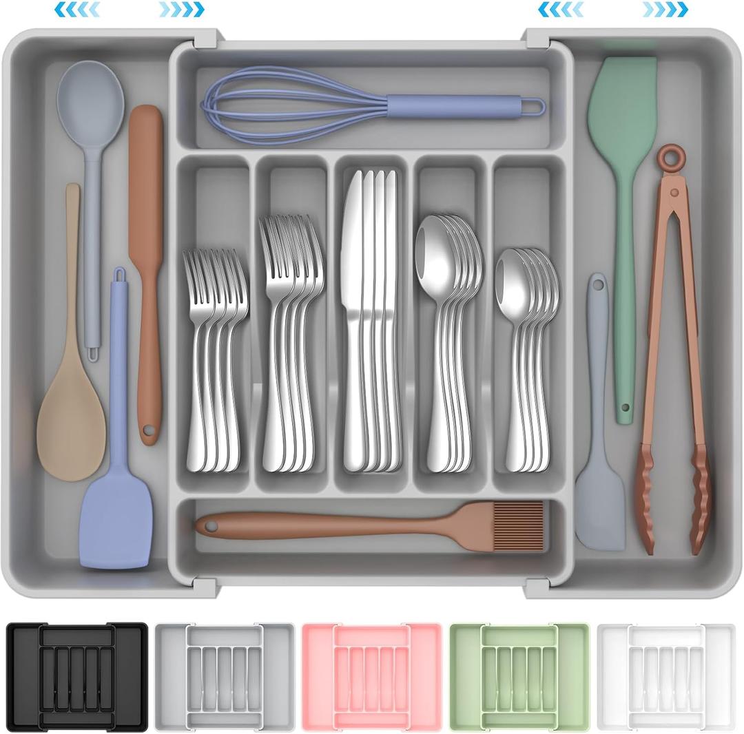 Extra Large Expandable Silverware Organizer, BPA-Free Food-Safe Cutlery Flatware Organizer, Kitchen Utensil Drawer Organizer, Adjustable Silverware Holder for Spoons Forks Knives, Gray