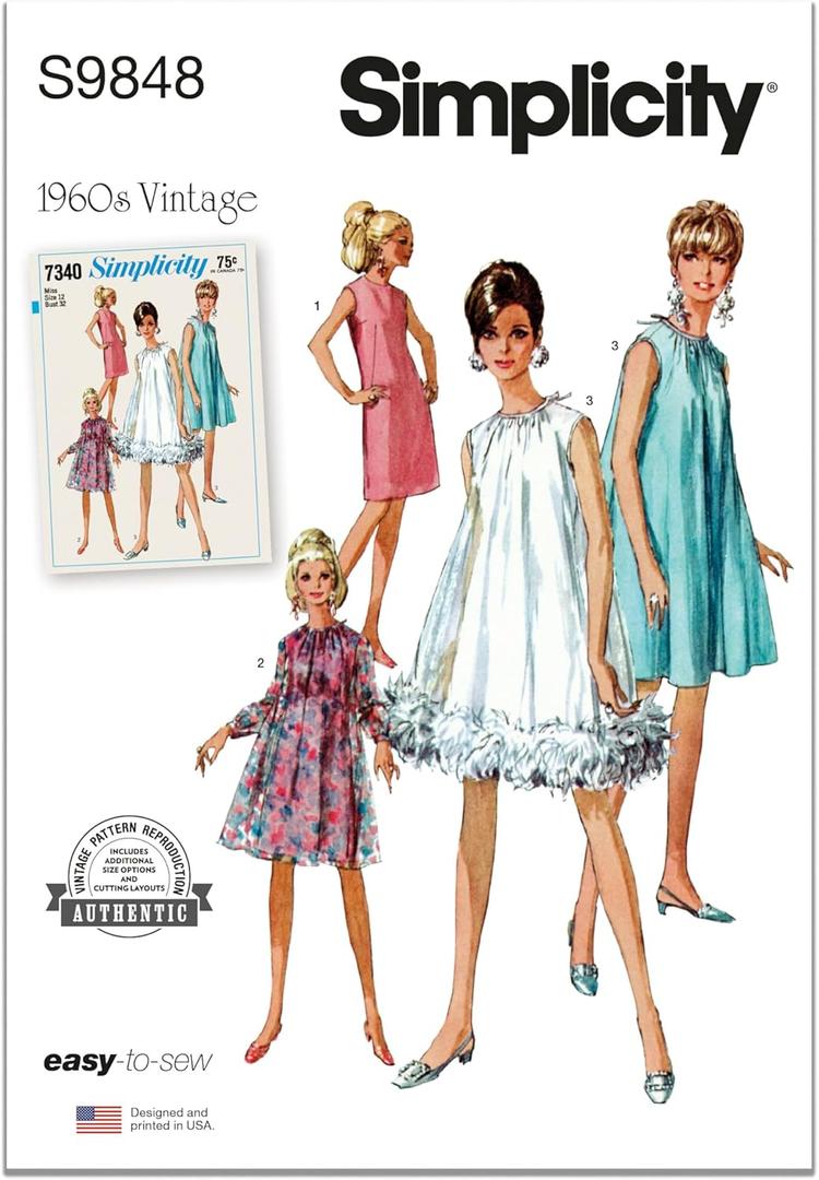 Simplicity Misses' Vintage 1960's Sheath Dresses Sewing Pattern Packet, Sizes 18-20-22-24-26, Multicolor