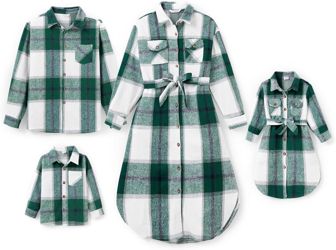 PATPAT Family Matching Outfits Mommy and Me Dresses Light Green Plaid Skirt and Shirt Couple Sets Long Sleeve with Pockets Girl 8-9 Years