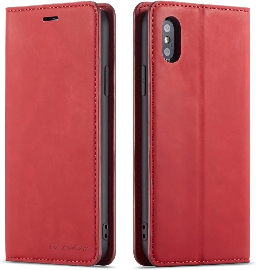 QLTYPRI for iPhone X iPhone Xs Case, Premium PU Leather Cover TPU Bumper with Card Holder Kickstand Hidden Magnetic Adsorption Shockproof Flip Wallet Case for iPhone X iPhone Xs (5.8 inch) - Red