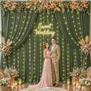 20 x 10ft Olive Green Backdrop Curtain with Light String | 5 x 10ft 4 panels,wrinkle free,polyester fabric,easy to hang,reusable for wedding,baby shower,birthday,DIY decor,photo