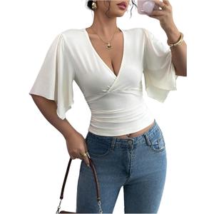 SOLY HUX Women's Deep V Neck Crop Top Flounce Short Sleeve Slim Fit Going Out Tee Shirts (White, S)