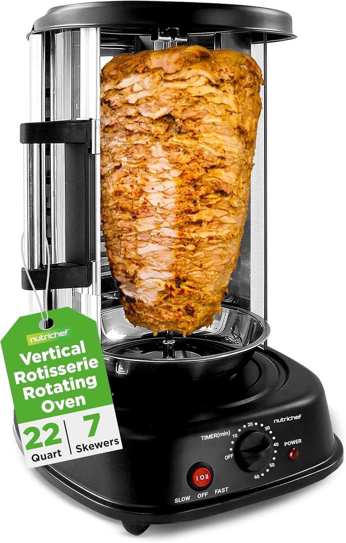 NutriChef Vertical Rotating Shawarma Oven - Rotisserie, Shawarma, & Kebab Machine - Stain-Resistant, Energy-Efficient - Heat-Resistant Door - Includes Kebab Rack with 7 Skewers - Stainless Steel, 11.1'' x 13.1'' x 17.7''