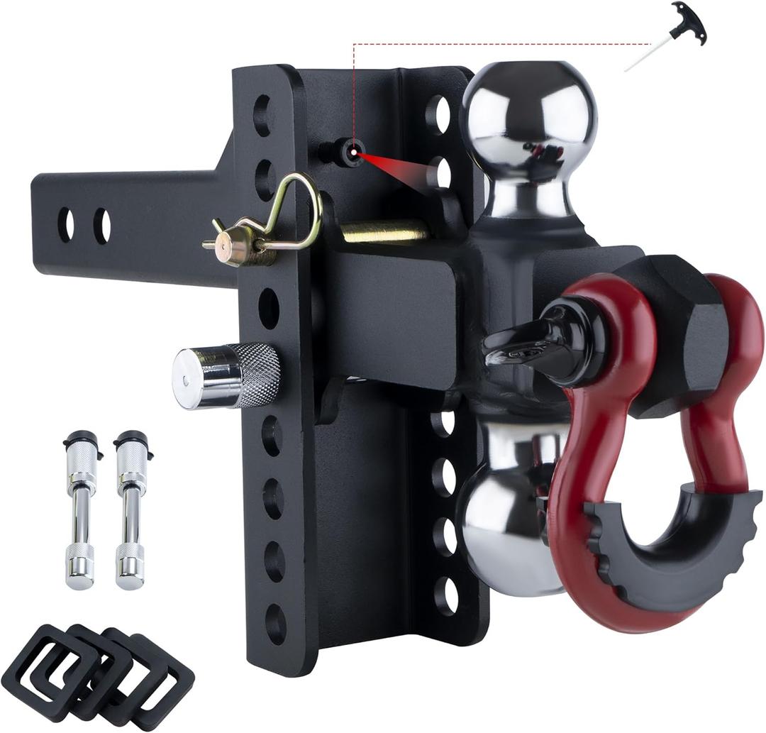 TYT Adjustable Heavy-Duty Trailer Hitch Ball Mount with Locks&Pin&Rotatable Tow Shackle, Fits 2-in Receiver, 4" Rise/Drop, 2" &2-5/16" Ball, 10000LBS GTW