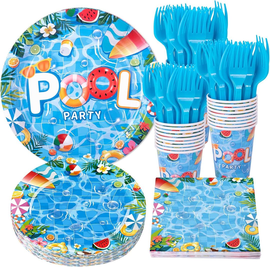 Pool Party Supplies, Summer Decorations include Pool Party Plates, Napkins, Cups and Forks, Pool Decorations Tableware Set for Birthday, Baby Shower, Serves 24
