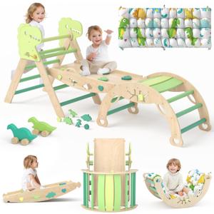 Pikler Triangle Set with Cushion 9 in 1 Climbing Toys for Toddlers 1-3 Indoor Baby Climbing Gym Toddler Montessori Toys Wooden Playground with Maze, Shape Sorting Game, Dinosaur Car (Green)