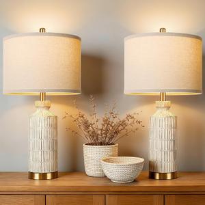 26" White Washed Ceramic Table Lamp, Modern Desk Lamp,Gold Metal Base