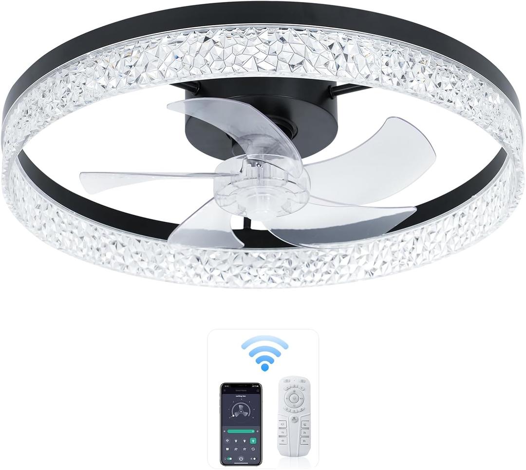 20" Black Ceiling Fan with Light and Remote - Smart Bladeless LED Fan, Adjustable 3000-6500K Color Temperature, 6 Speed Settings