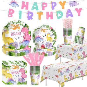 Dinosaur Birthday Party Supplies Girl - Pink Dinosaur Party Decorations Tableware for Birthday Baby Shower, Paper Plate, Cup, Napkins, Tablecloth, Cutlery, Banner | Serves 24
