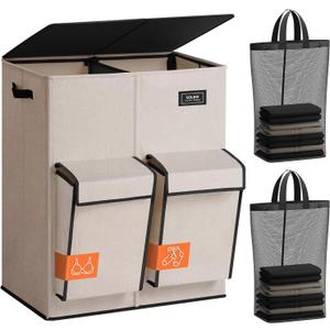 SOLEDI Double Laundry Hamper with Lid, 47.8 Gal (180L) Large Laundr Basket 2 Section with 2 Side Pockets, Dirty Clothes Hamper with Removable Bag, Easy to Carry for Laundry Room, Bedroom, Light taupe
