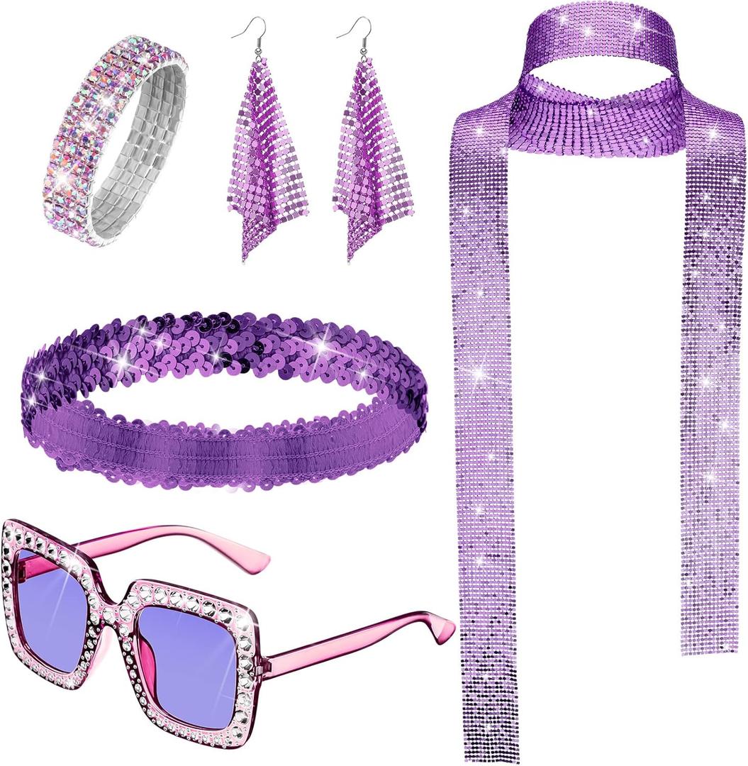 Sasylvia 5 Pcs 70s Disco Accessories Halloween Women Costume Jewelry Sequin Scarf Earrings Sunglasses Bracelet Headband (Purple)