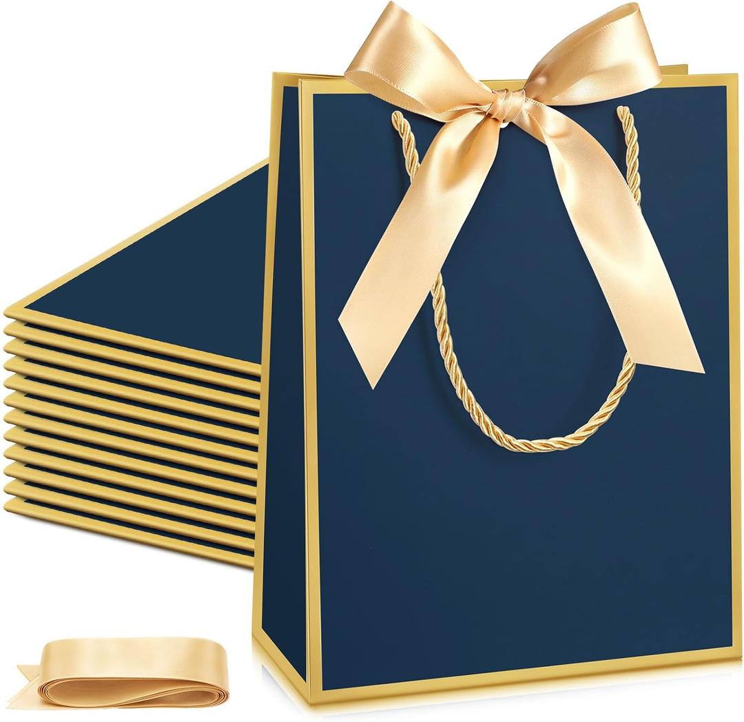 Silkfly 12 Pcs Wedding Paper Gift Bags with Handle 9x7x3.15'' Thank You Gifts Bags with Ribbon Bow Bridal Shower Gifts for Baby Shower Graduation Holiday Birthday Party Supplies (Navy Blue,Gold)