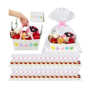 Kolldenn 24 Set Valentine's Day Empty Gift Basket to Fill Colorful Conversation Heart Bouquet Box with Handles Pull Bows Cellophane Bags and Card for Valentine Party Favor Supplies, 9.8 x 6.5 Inch