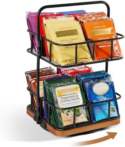 Rotating Tea Bag Organizer – 2 Tier 8 Basket 360° Spinning Teabag Holder Organizer, Acacia Wood Iron Countertop Tea Accessories Rack Holds 100+ Tea Bags, Decorative Kitchen, Coffee Bar Organizer Gift