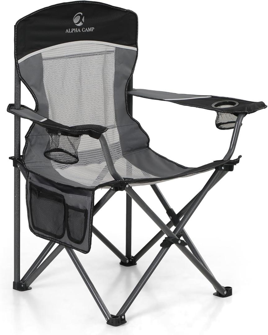 LET'S CAMP Mesh Back Camping Chair Portable Folding Heavy Duty Outdoor Chair Support 330 LBS Durable Large Arm Chair with Cup Holder and Carry Bag for Camp, Fishing, Hiking, Black (1 PC)