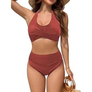 ZAFUL Womens Two Piece Swimsuit Push Up High Waisted Bikini Sets Halter V Neck Modest Bathing Suits Ruched Swimwear, L