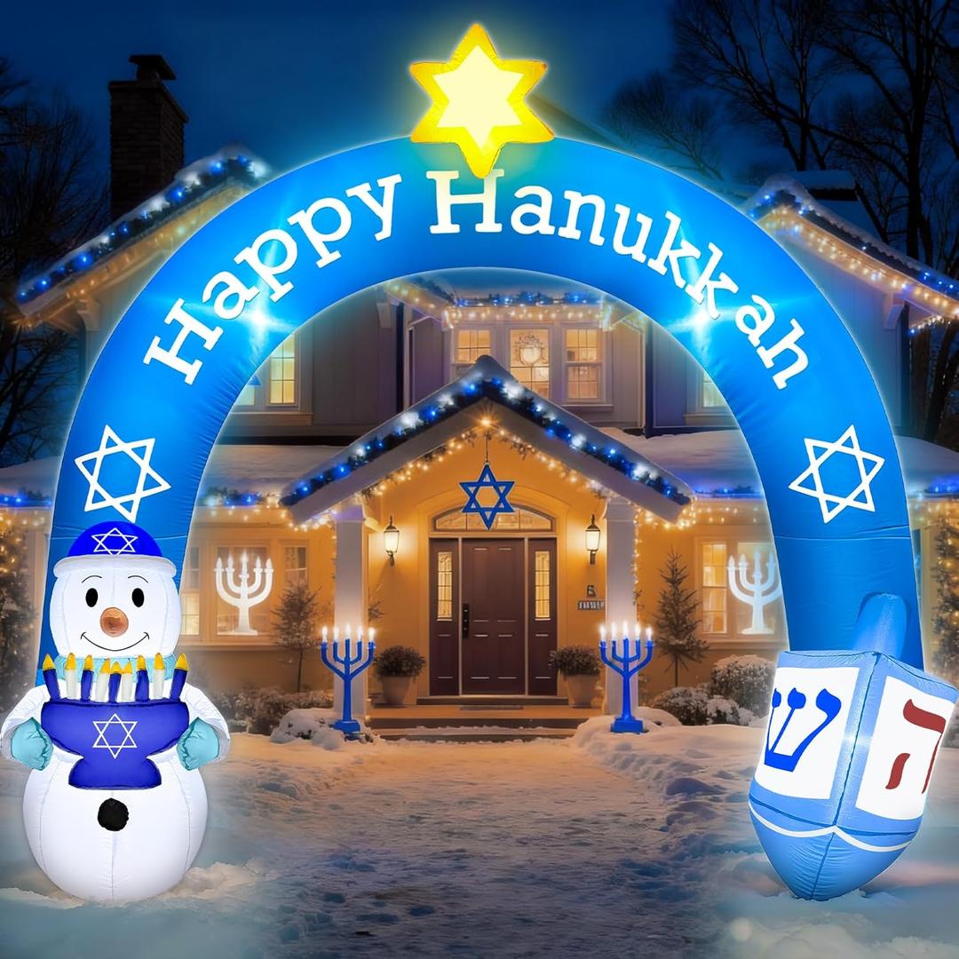 8 FT Hanukkah Inflatable Outdoor Decorations-Giant Chanukah Blow Up Inflatable Arch with Snowmen & Dreidel-Built in 5 LED Lights,Hanukkah Outdoor Decorations for Holiday Lawn Yard Garden Decor
