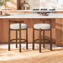 LUE BONA Counter Height Bar Stools Set of 2, 26" Linen Upholstered Low Back Bar Chairs with Rubberwood Frame, Round Seat & Footrest, Mid Century Kitchen Island Stools, Oat White-Walnut Color