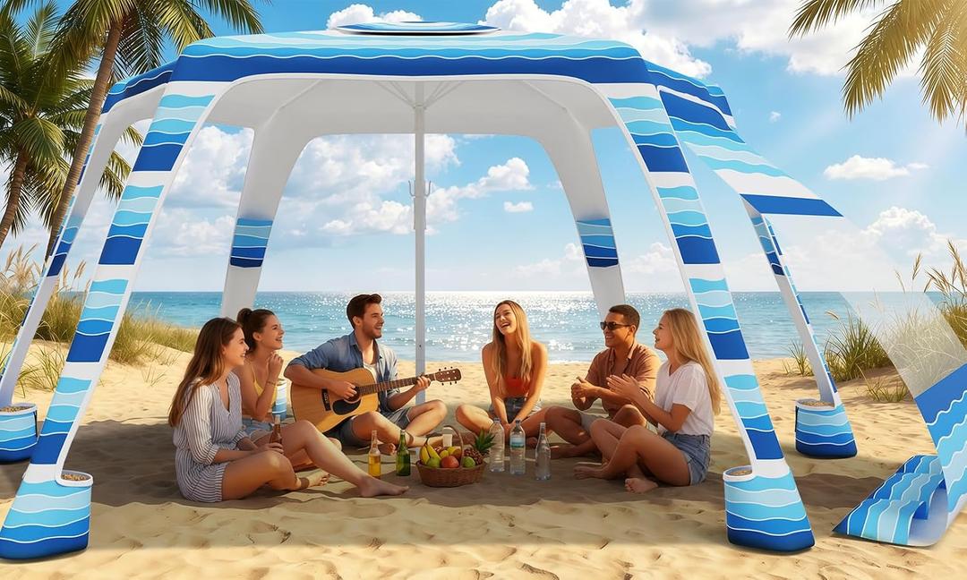 Beach Cabana with 6-Corner, 8'8' UPF50+ Beach Canopy, Adjustable Height Beach Tent Sun Shelter, Cool Cabana Beach Tent with Removable Side Wall, Beach Shade for Garden, Camping (Blue White Stripes)