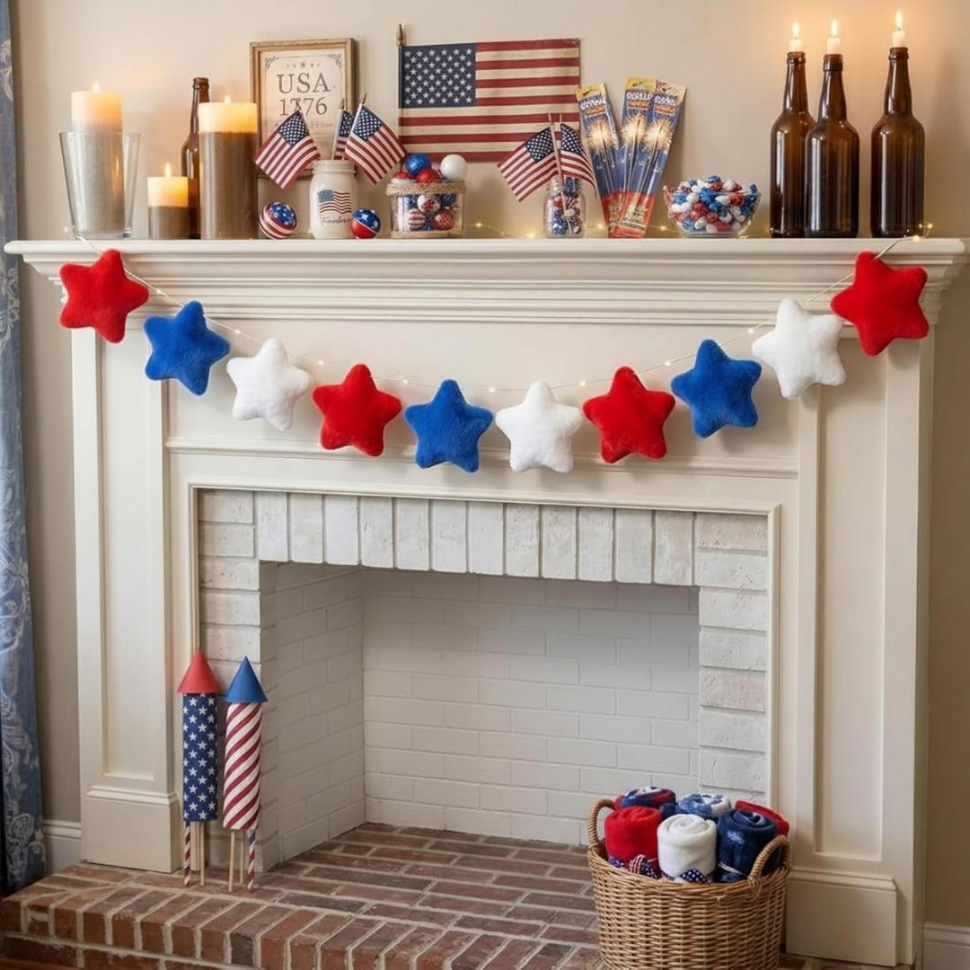 4th of July Garland Red White Blue Plush Star Garland 8.2 ft Soft Fuzzy Patriotic Star Banner USA Retro Banner for Fireplace Mantel 250th Anniversary Decorations for Independence Day Memorial Day