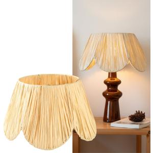 Raffia Lamp Shade for Table Lamps, Scalloped Wicker Small Lampshade for Living Room, Bedroom, or Desk Lamp, Boho Spider Pleated Lamp Shade (8.3T x 13B x 7.5H) (Base & Bulb NOT included)