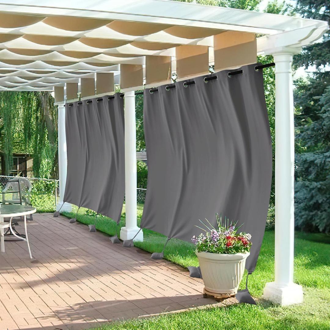 RYB HOME Extra Wide Outdoor Curtains Windproof, Blackout Waterproof Privacy Outside Curtains for Patio Pergola Pool Hut Screen Porch Outside Deck, W 84 x L 84 inch, Grey, 2 Panels