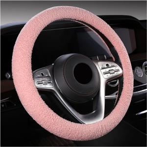 KVAEY Furry Car Steering Wheel Cover, 15.5-16" Fuzzy Fleece Plush Non-Slip Steering Wheel Cover, Warm Winter Decoration (Pink)