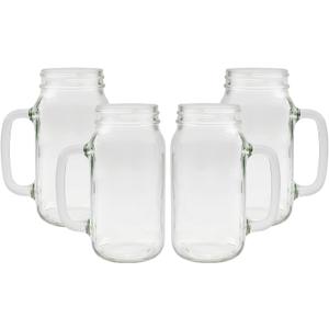 Darware Mason Jar Mugs with Handles (24oz, Clear, 4-Pack); Glass Drinking Glasses for Cold Beverages, Decoration, Storage, Party Favors, Cocktails, Floats