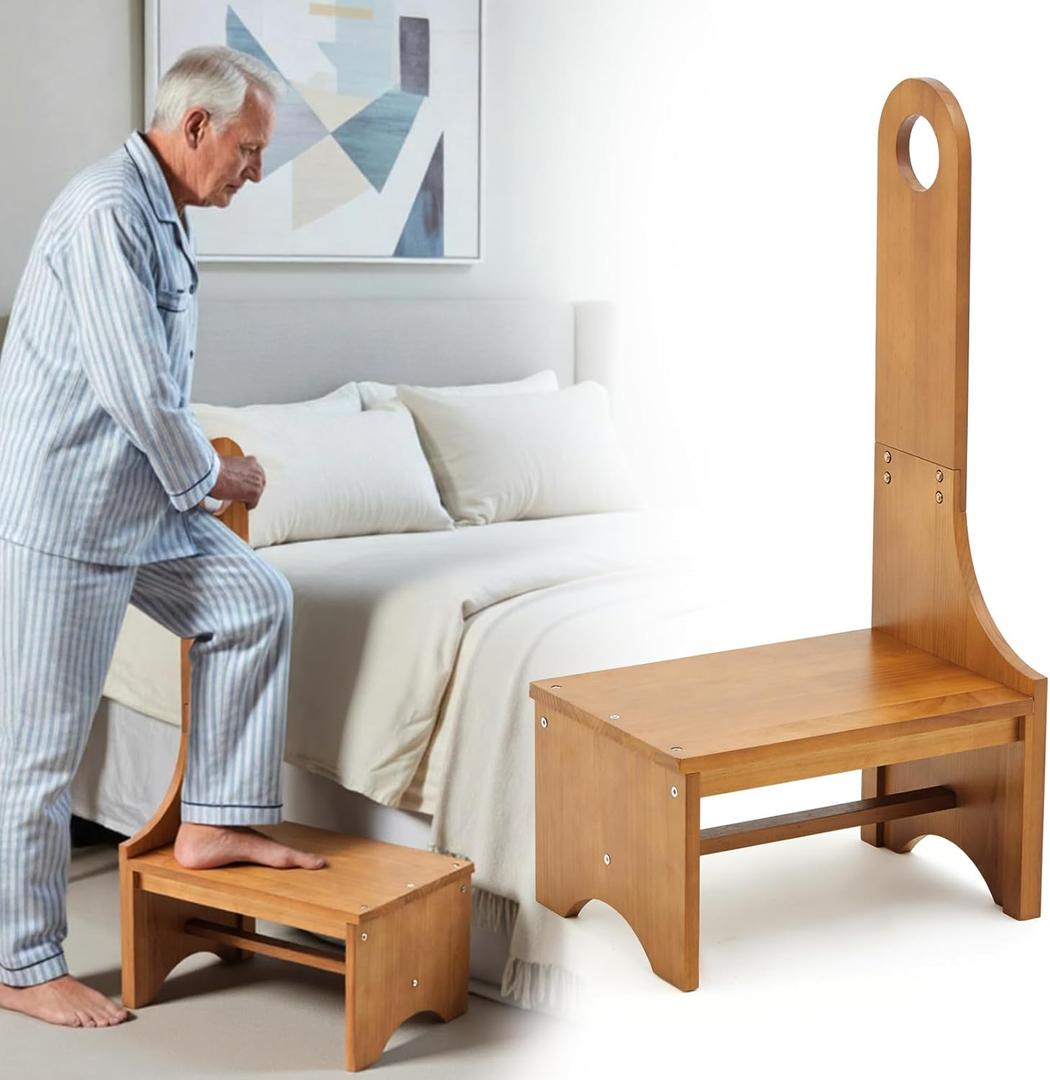 Yalikop Wooden Step Stool with Handle for Adults, Elderly & Seniors, 9'' Wood Bedside Steps for High Beds Heavy Duty Antislip One Step Stool Platform Holds up to 400 Lbs for Kitchen Bathroom