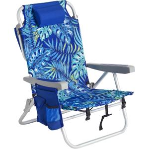 SUNNYFEEL Low Beach Chairs for Adults 5 Position Lay Flat, Portable Folding Backpack Beach Chair Heavy Duty with Cooler Bag, Cup Holder for Outdoor/Lawn/Picnic, Foldable Camping Chair