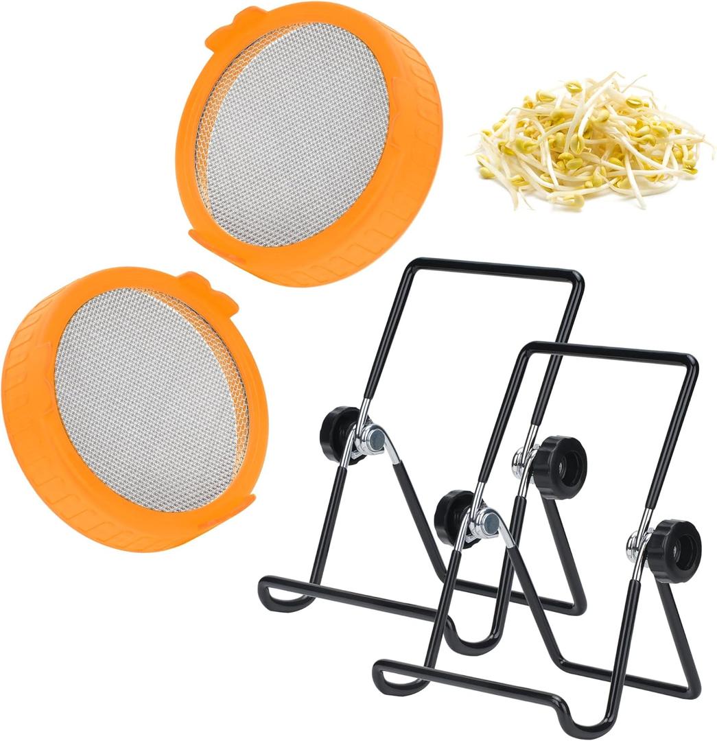 Lulonpon Sprouting Lids Growing Kit, Screen Sprout Lids with Stand, Sprouting jar kit for Sprouting, Sprouting Bean Seeds, Sprouting Kit (Orange)