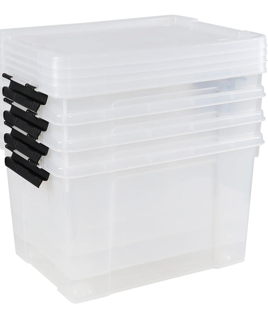 34 L Clear Plastic Storage Bins Box with Lid, Stackable Lidded Storage Bin Container with Wheels and Secure Latching Buckles, 5 Packs