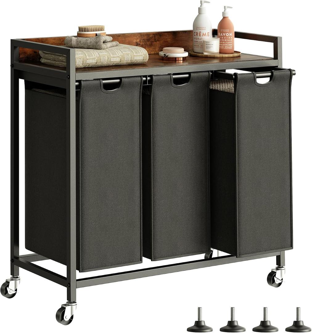 Herture Laundry Hamper with Shelf, Laundry Basket 3 Section, Laundry Sorter with Pull-Out Removable Large Bags and Movable Wheels, Metal Frame, 3 x 15.87 Gallons (60L), Rustic Brown + Black PF04XLY, 3 Bags-180 L
