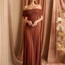 URYIAO Off The Shoulder Maxi Dress for Women Summer Ruched Bodycon Pleated Flowy Formal Wedding Guest Long Dresses (Brown, S)