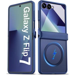 for Samsung Galaxy Z Flip 7 Case Magnetic with Hinge Protection, Compatible with MagSafe, Front Screen Protector, Translucent Rugged Men Women Full Protective Phone Case for Galaxy Z Flip7, Blue