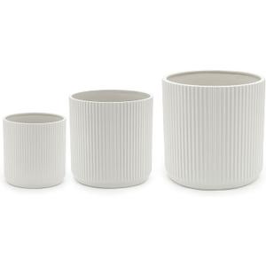 Amazon Basics Fluted Ceramic Planters for Indoor Outdoor Plants, Round Flower Pots with Drainage Hole, Set of 3, 6 inch, 8 inch, 10 inch, White
