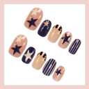 Short Nails Press on Oval French Tip Fake Nails Blue False Nails with Stars Stripes Leopard Print Designs Petite Acrylic Nail Cute Short Glossy Glue on Nail for Women Girls 24Pcs (Style1)
