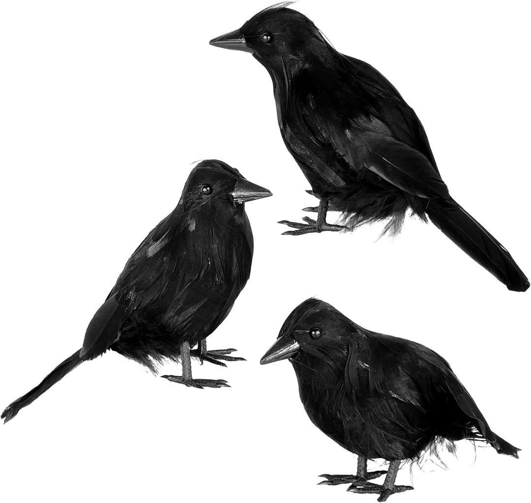 JOYIN 3 Pcs Black Halloween Crow Decor, Realistic Crow Raven Decoration Indoor Outdoor Decor Fake Ravens Prop Haunted House Graveyard Cemetery Yard Table Party Favors Desk Trees Walls Windows