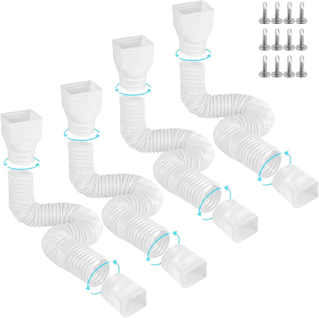 Gutterlix 4 Pack Flexible Gutter Downspout Extensions Extendable from 21" to 67", Downspout Extender Comes with Adapters, Thickened Down spout Drain Extension for Rainwater Drainage(White)