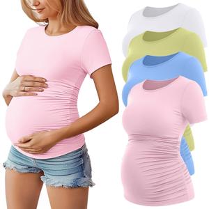 Huukeay 4 Pack Women's Maternity Shirts, Crew Neck Maternity Top Short Sleeve Casual Cotton Tee Side Ruched Pregnancy Clothes (Large, Pink, Light Blue, Grass Green, White)