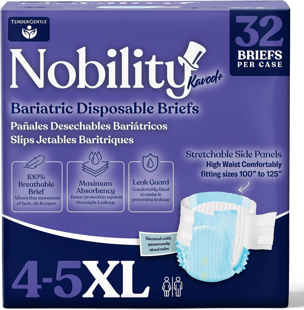 4-5xl Adult Diapers for Women and Men - Case of 32 Bariatric Disposable Briefs with Tabs and Stretchable Side Panels - 100% Breathable with Maximum Absorbency, White
