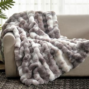 Cozy Bliss Faux Fur Throw Blanket for Couch, Fuzzy Soft Plush Thick Bubble Blanket for Sofa Bedroom Living Room, 50 * 60 Inches Tie-dye Taupe (Throw(50" x 60"))