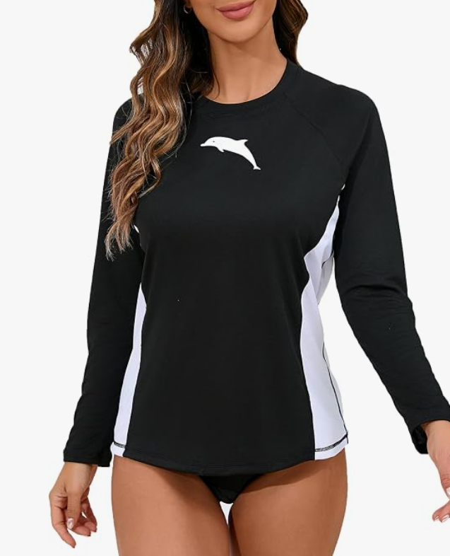 Halcurt Women's Long Sleeve Rash Guard Swim Shirt with Built in Bra Lightweight UPF50+ Quick Dry Swimsuit Top, L