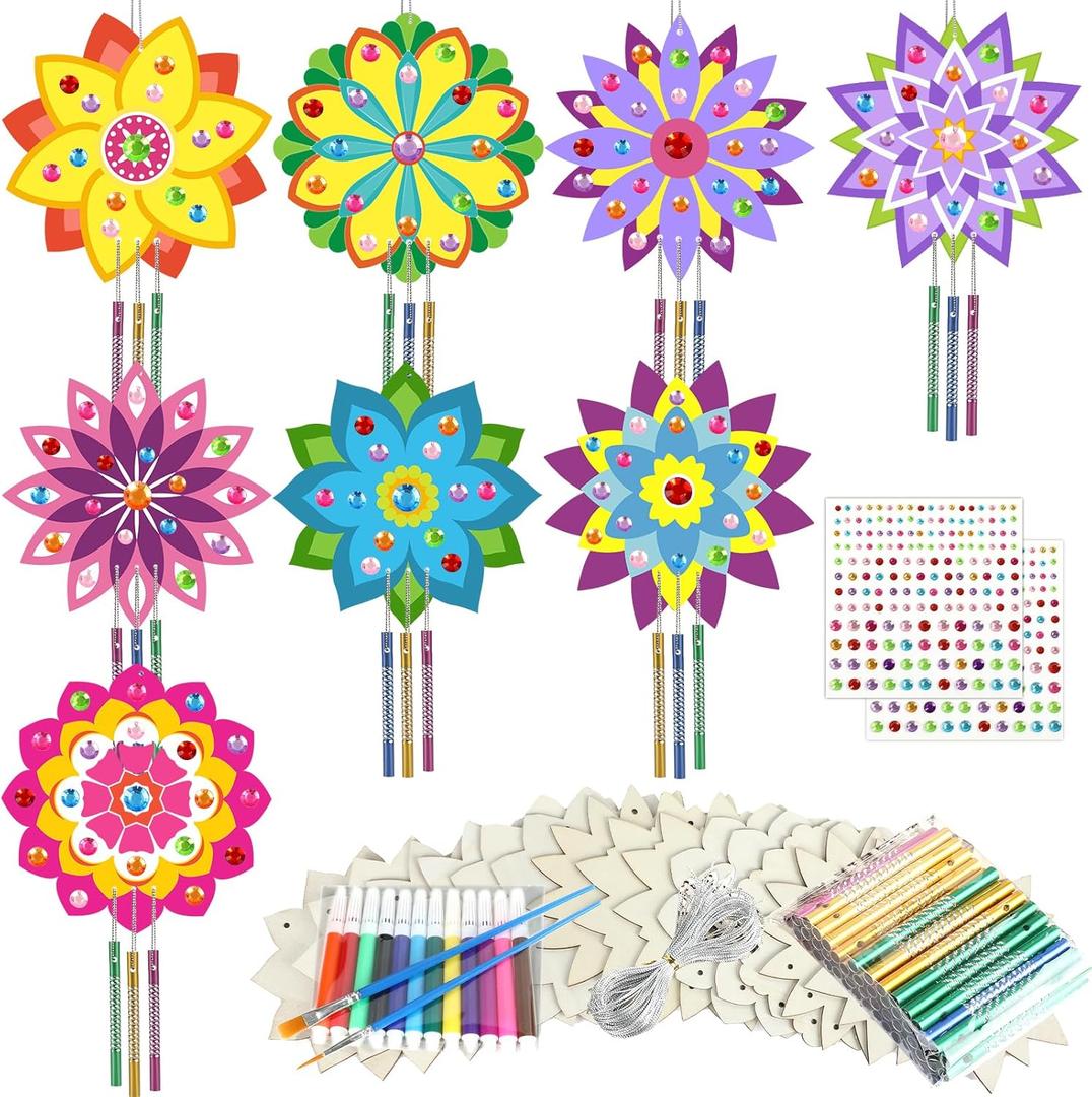 gisgfim 16 Pack Diwali Lotus Flower Wind Chime Crafts Kits for Kids Make Your Own Mandala Wind Chime Wooden DIY Arts and Crafts Decoration for Diwali Party School Classroom Supplies Favors