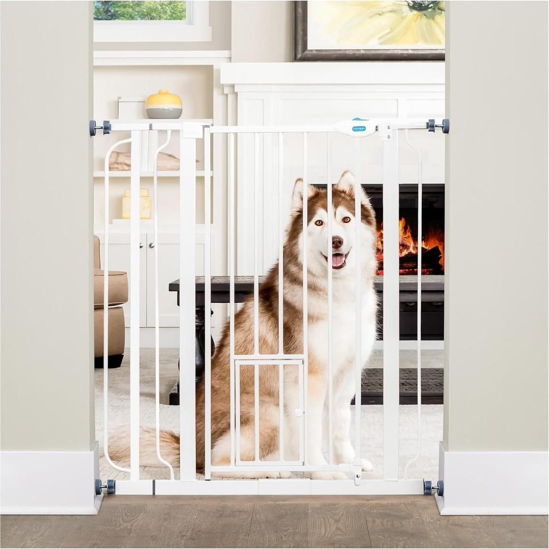 Carlson 36" Extra Tall Walk Through Dog Gate for Doorways & Bottom of Stairs, Metal Pet Gate with Small Pet Door, Expands 29.5x36.5, White