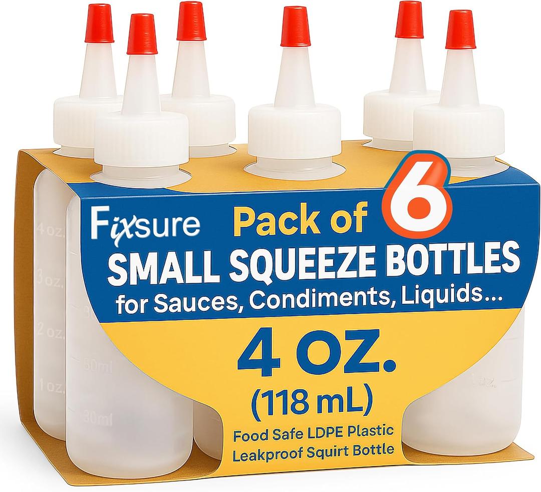 FIXSURE Plastic Squeeze Bottles with Red Tip Cap, 4 Oz Squirt Bottle For Ketchup, BBQ, Sauces, Syrup, Condiments, Oil, Pancake, Cookie Decorating, Dressings, Travel, Camping, Lab, Arts and Crafts (1) | Squirt Bottle, For Ketchup, BBQ, Sauces, Syrup, Condiments