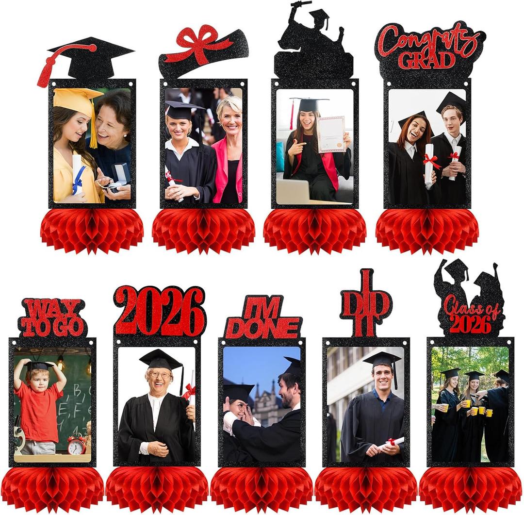Spiareal 9 Pcs Graduation Decorations Class of 2026 Table Centerpieces Congrats Glitter Grad Honeycomb for Photo Toppers 2026 Congratulate Graduation Party Decor Favor Supplies(Red)