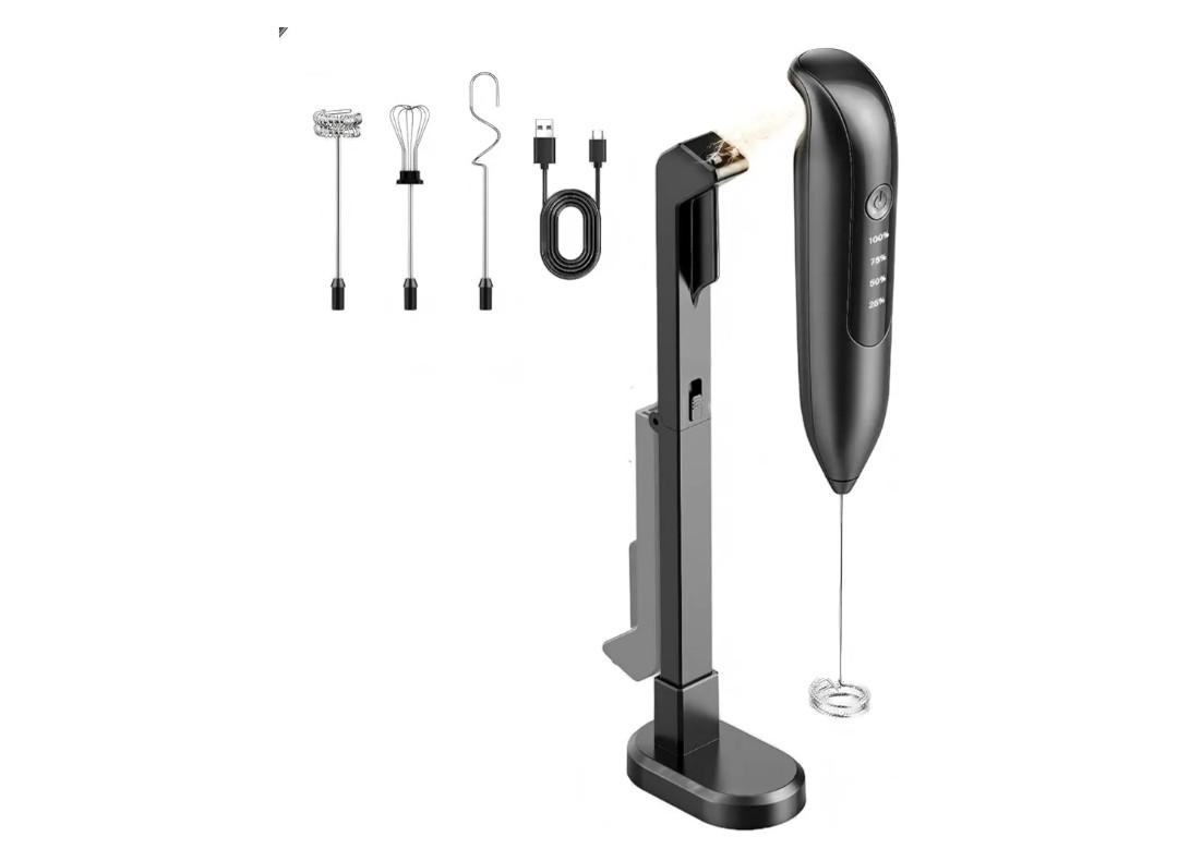 Electric Milk Frother Handheld: Rechargeable 3 in 1 - LED Digital Display with 3 Speeds Portable Stainless Steel Drink Foam Mixer for Milk Coffee, Lattes, Valentine's Day gifts - Onyx Black